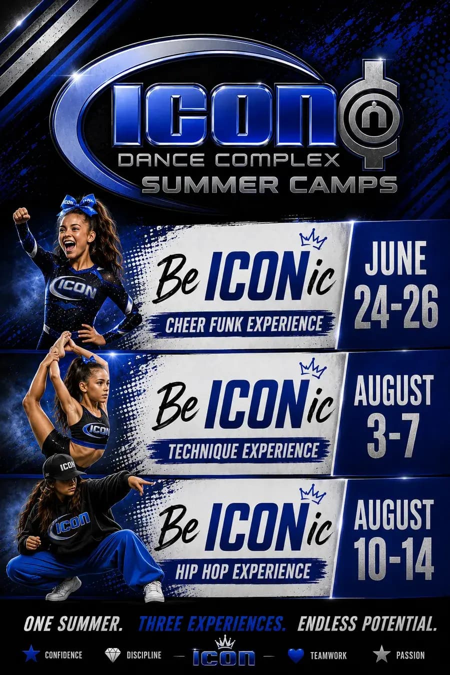 Icon summer camps flyer with Cheer Funk, Technique, and Hip Hop dates.